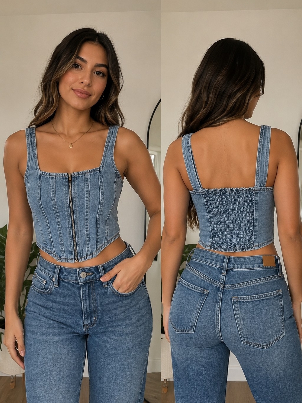 Denim Corset Top with Zip Front Size S - Picture 2 of 5